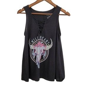 Fifth Sun Wild Heart Black Tank Top Lace Up Neckline Women's Large Rodeo Western